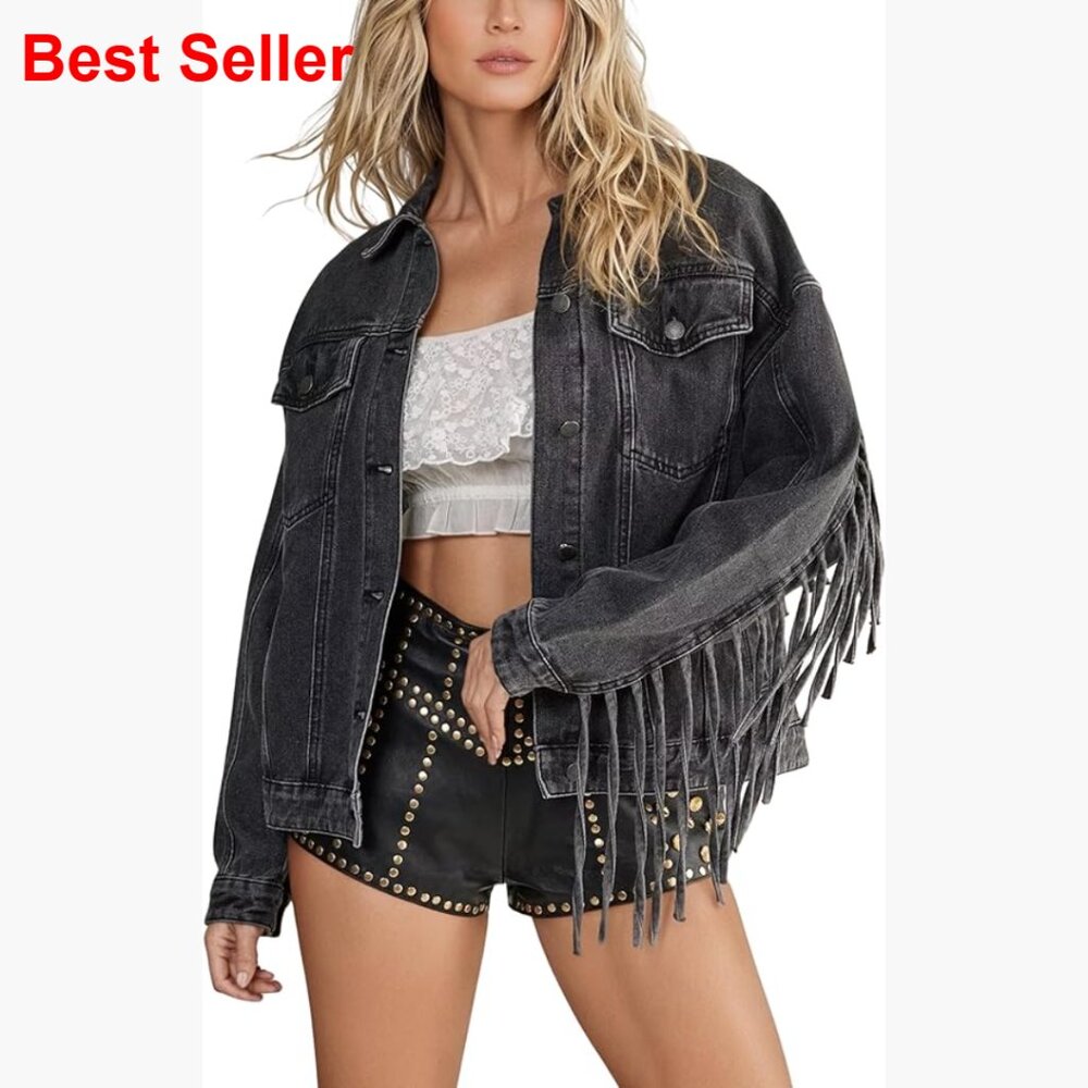 Oversized Denim Jacket With Fringe Tassels, Cotton, Loose Fit